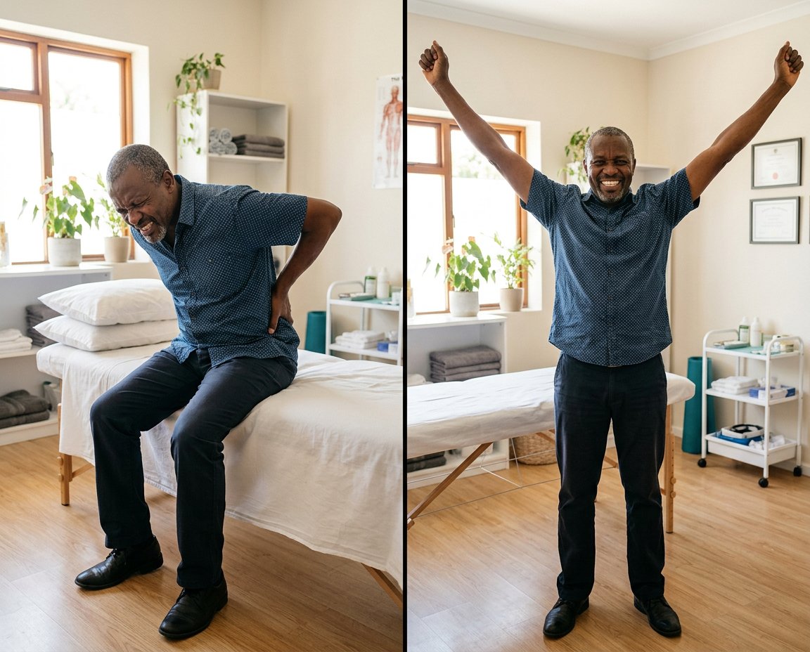 Before and after: client relieved of chronic back pain after stone therapy
