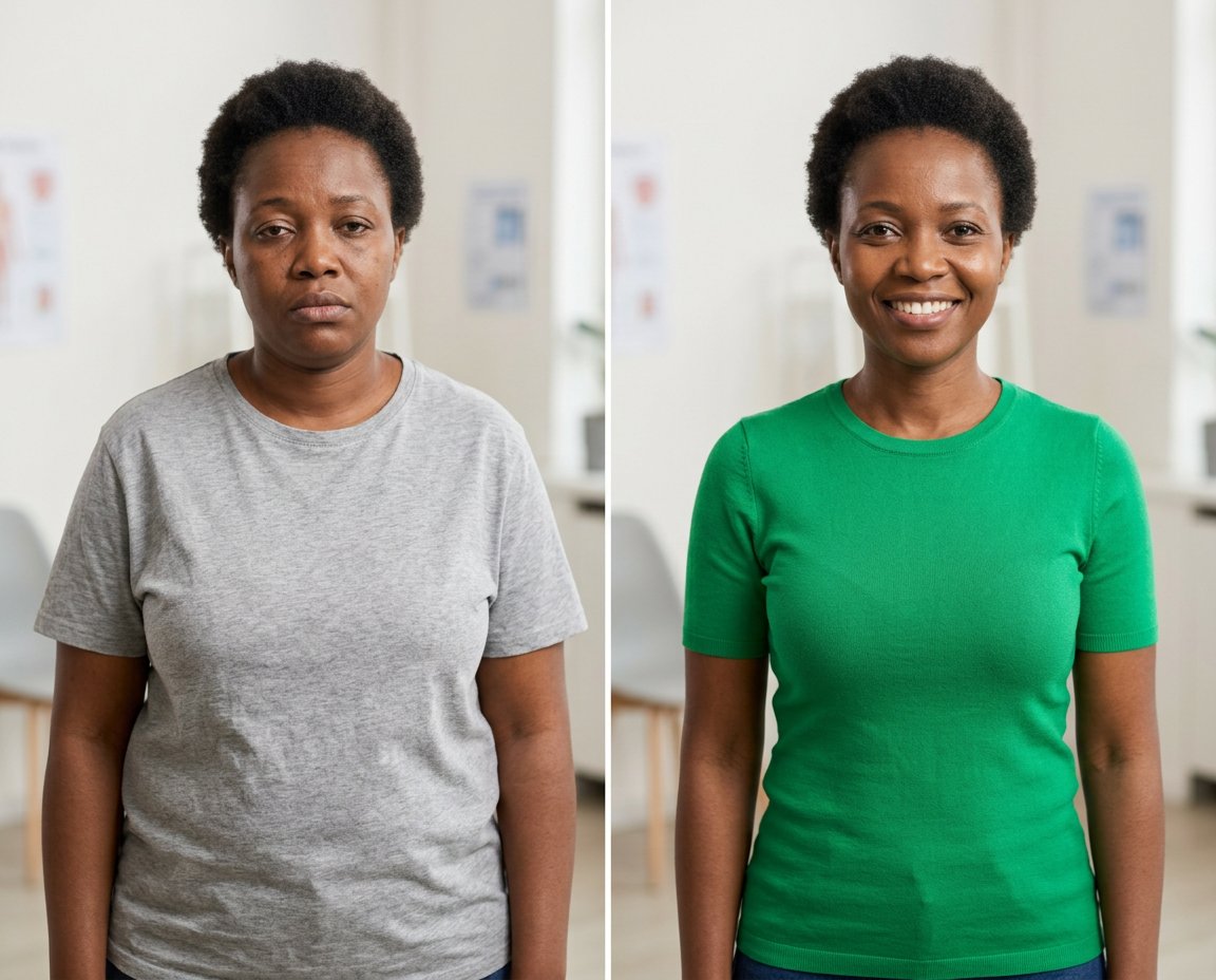 Before and after: client who lost weight through the GLP weight management program