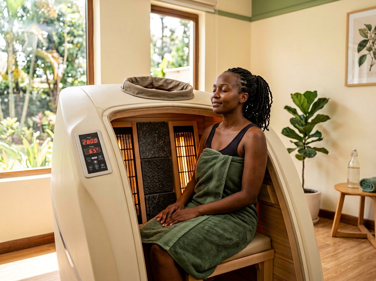 Black Kenyan woman using an infrared thermal therapy pod