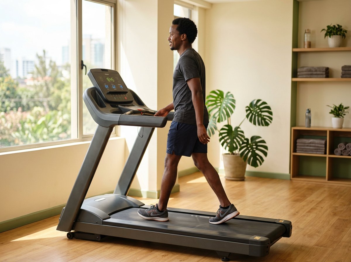 Black Kenyan man walking on a treadmill in a bright wellness studio