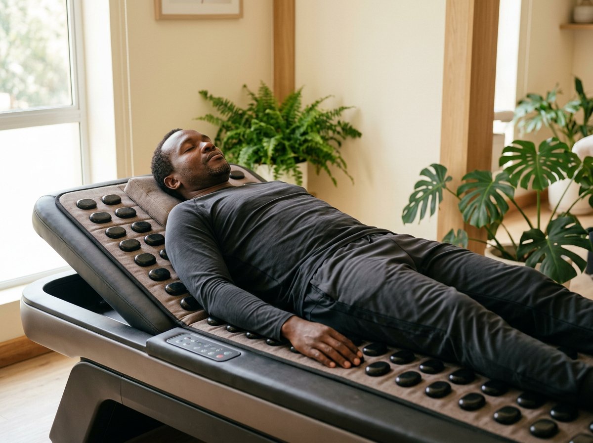 Black Kenyan man relaxing on a thermal stone therapy bed