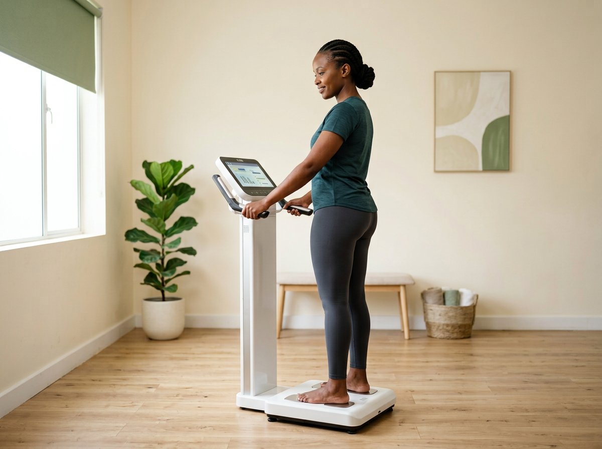 Black Kenyan woman standing on a body composition assessment machine