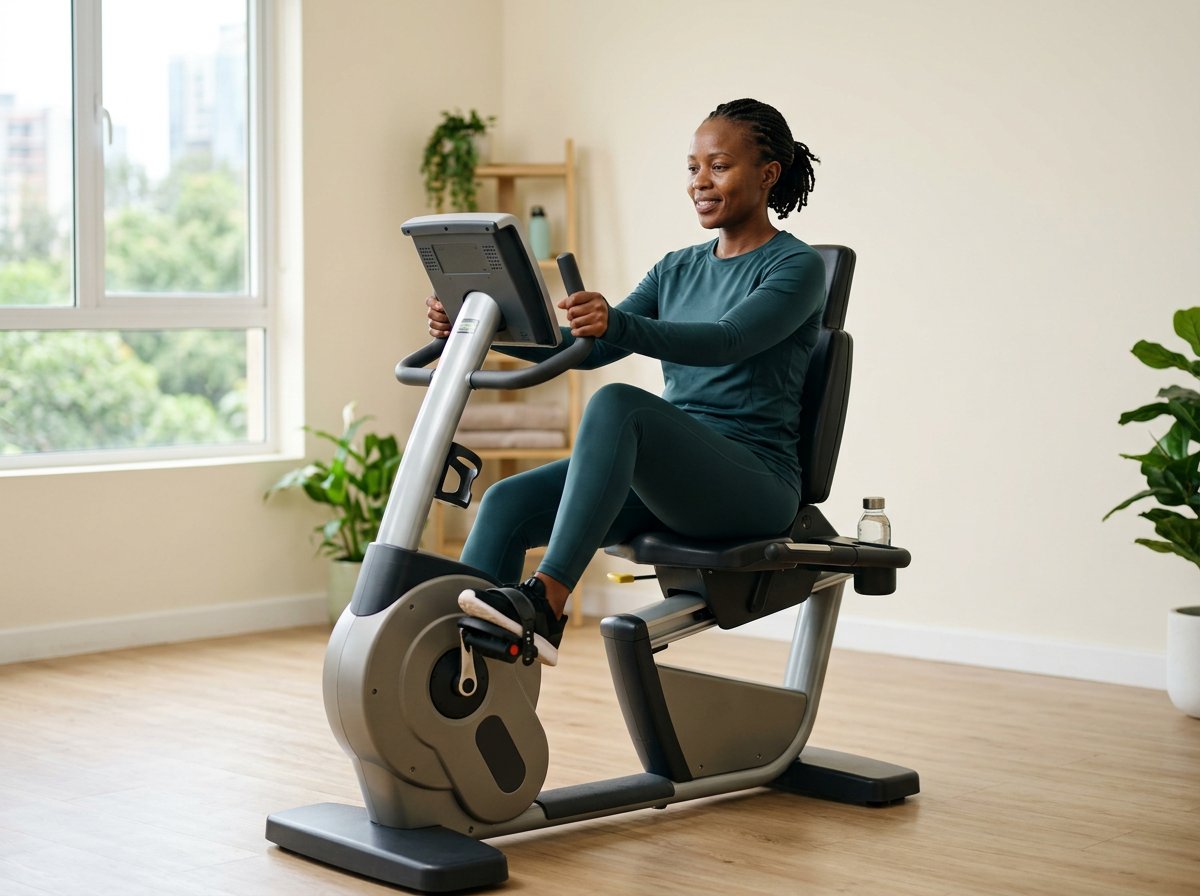 Black Kenyan woman using a recumbent rehabilitation bicycle