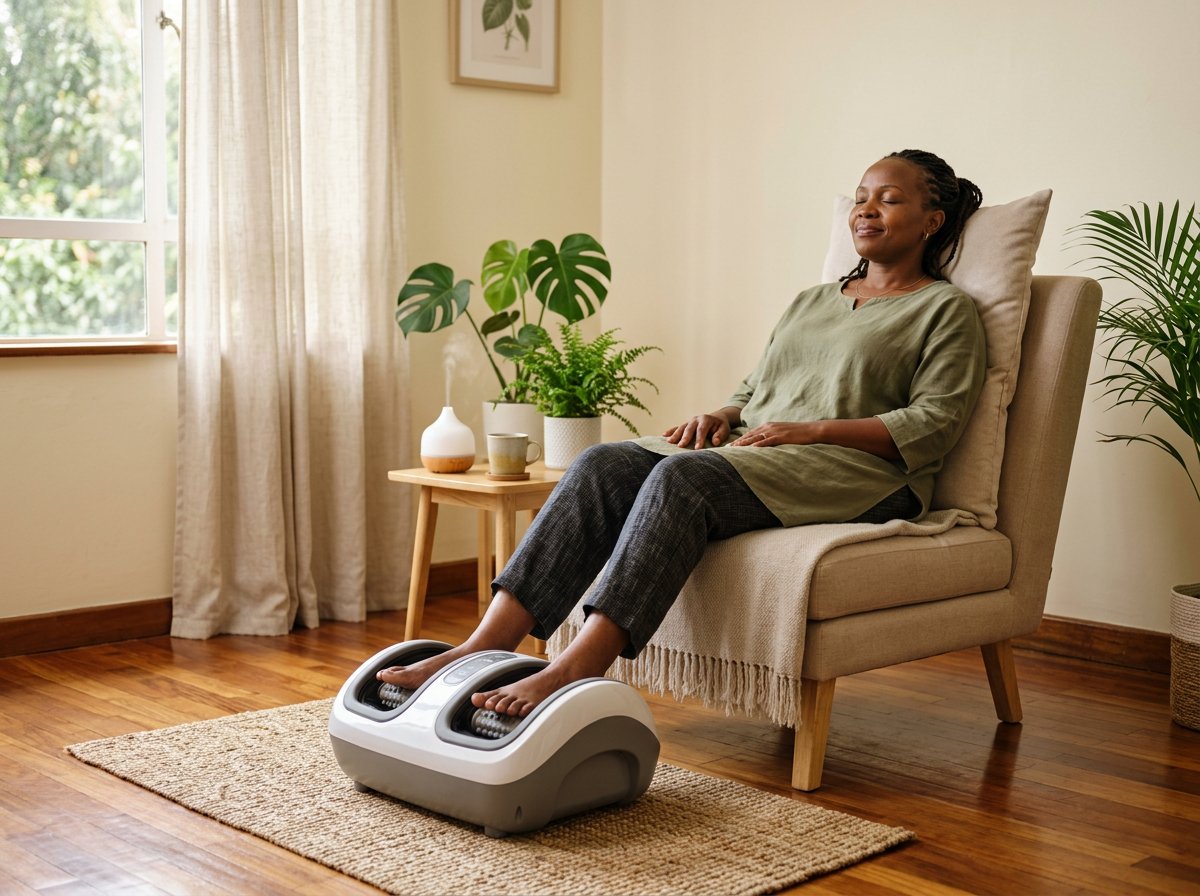 Black Kenyan woman using an electric foot reflexology massager